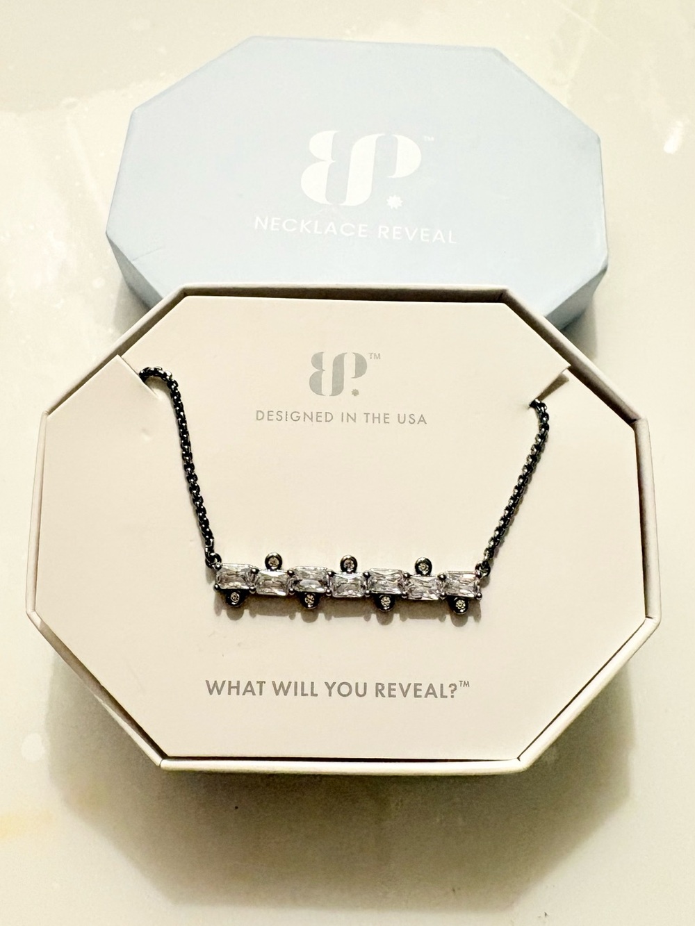 Bomb Party Octagon Crystal Bar Necklace in Black Chain